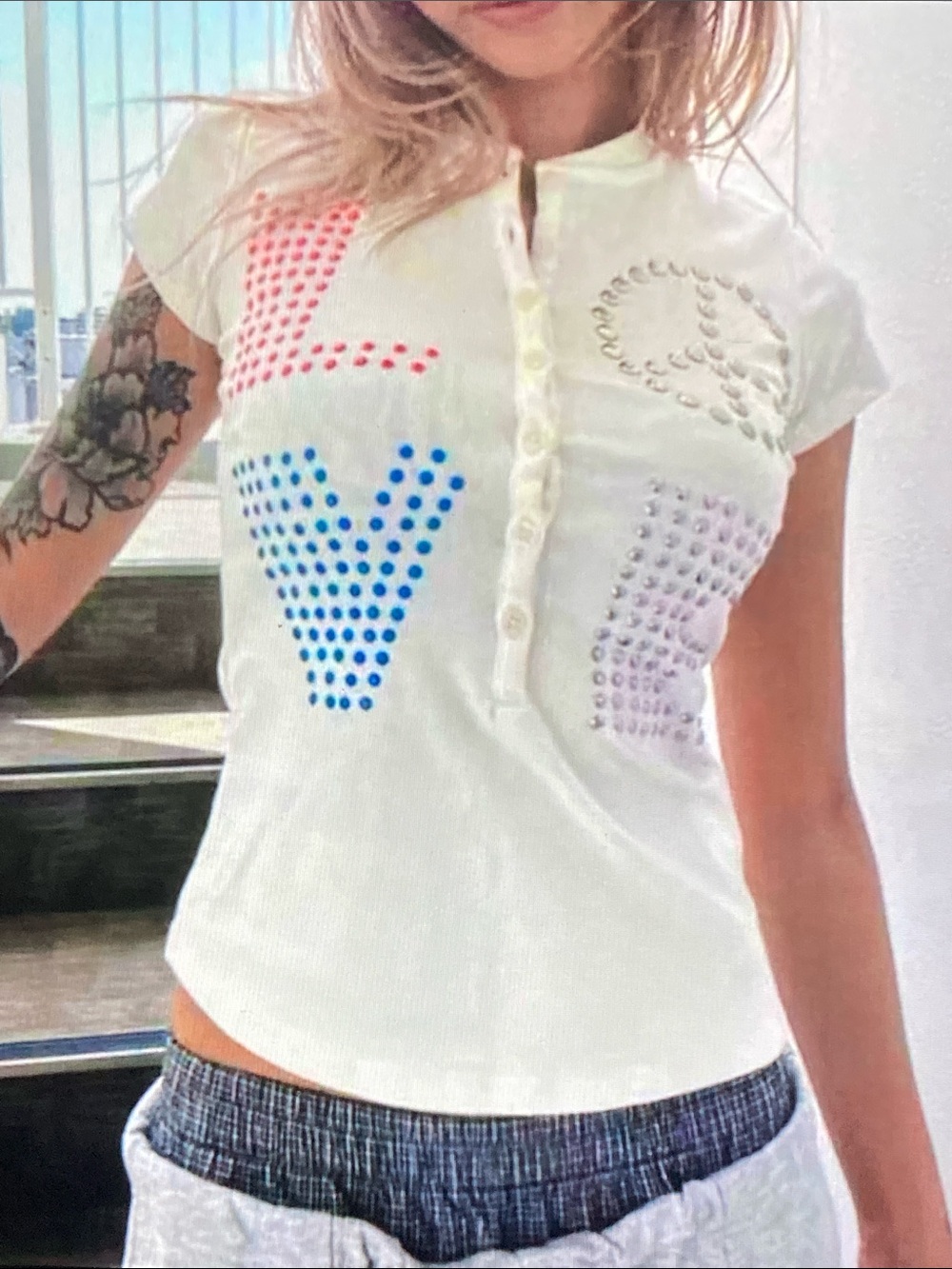 Fashion Poshers White Short-Sleeve Henley Top with Multicolor Stud Letters